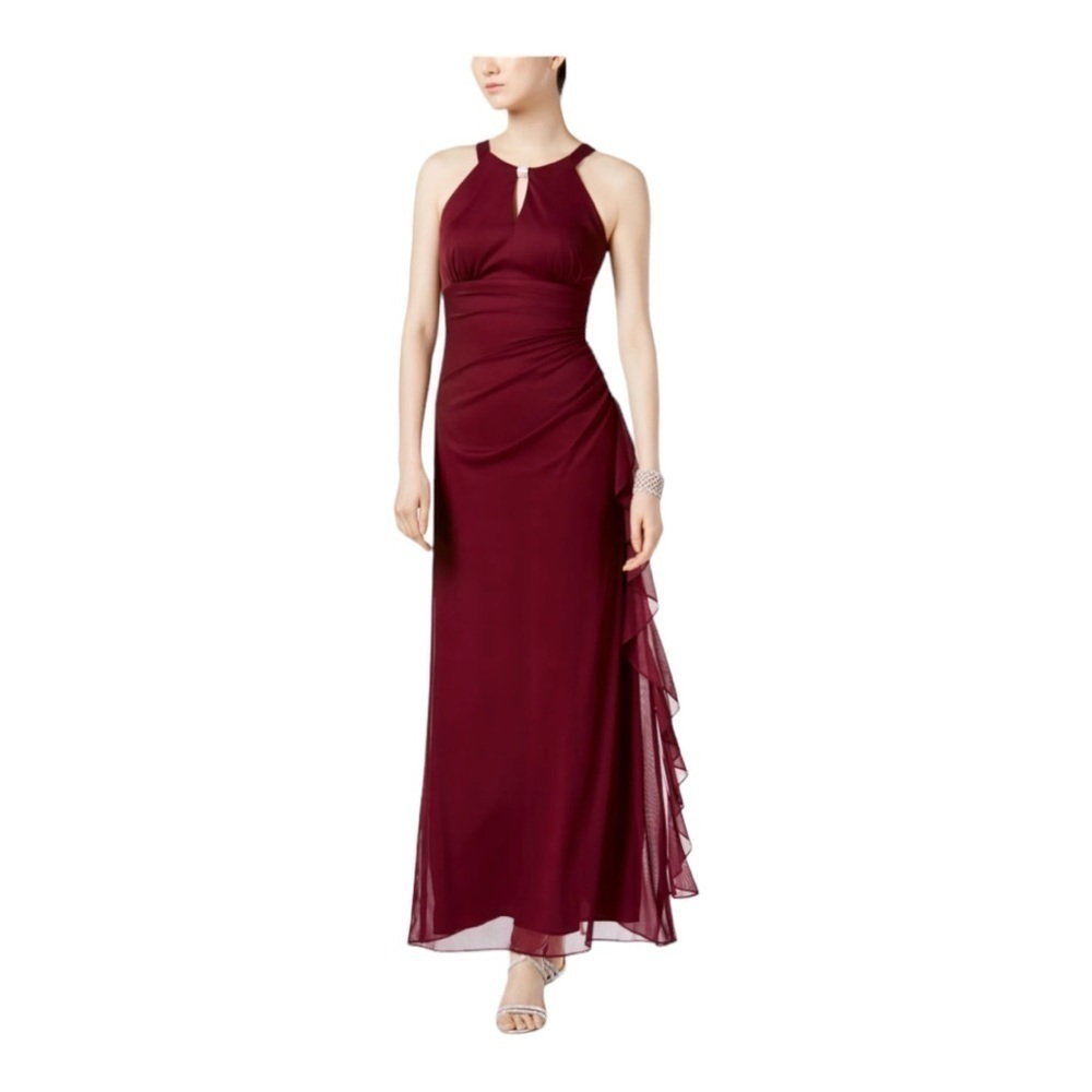 B&A BY BETSY & ADAM Burgundy Ruffled Ruched Maxi Gown NWT